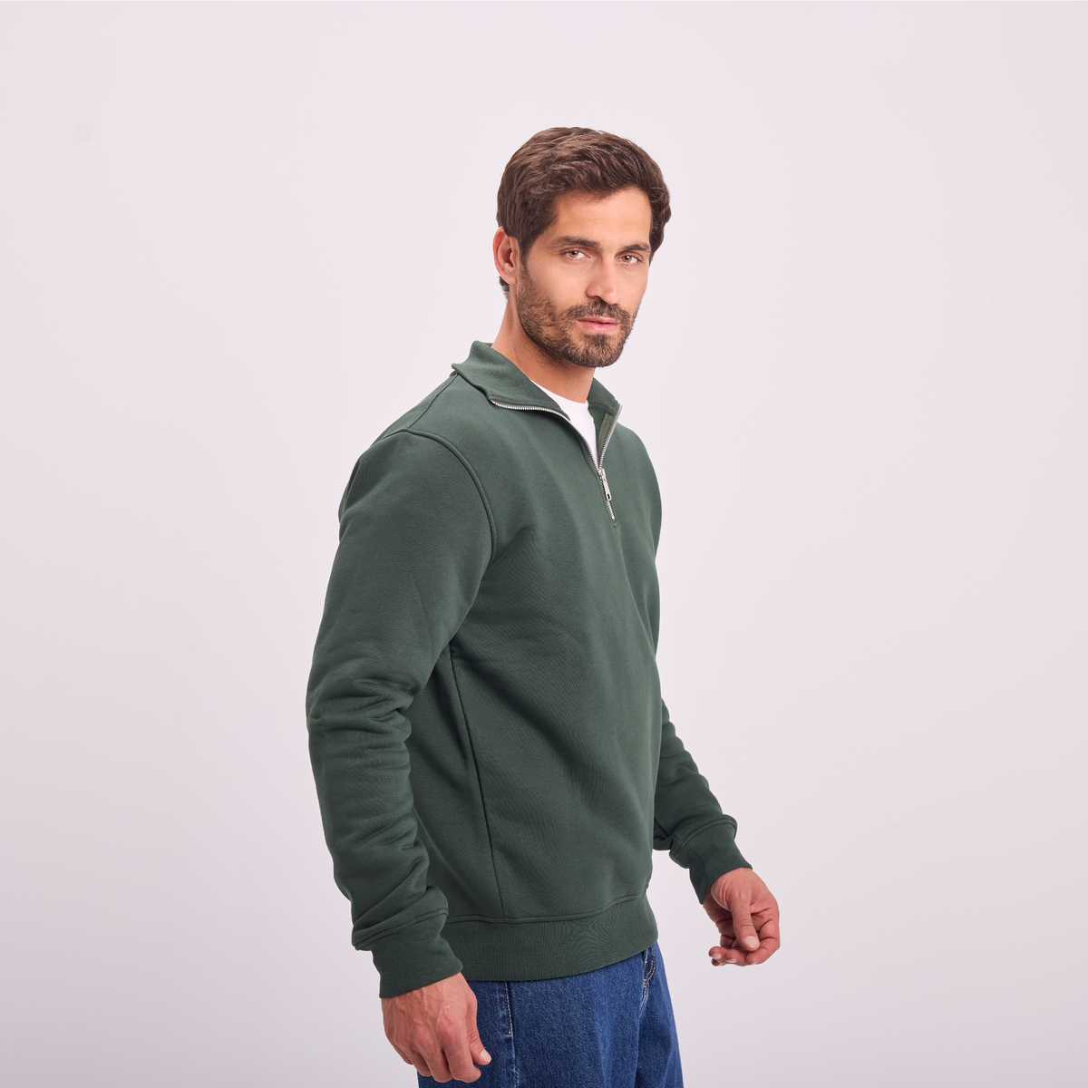 Quarter-Zip Sweatshirt in Olive, SVNTY, view 5 of 5
