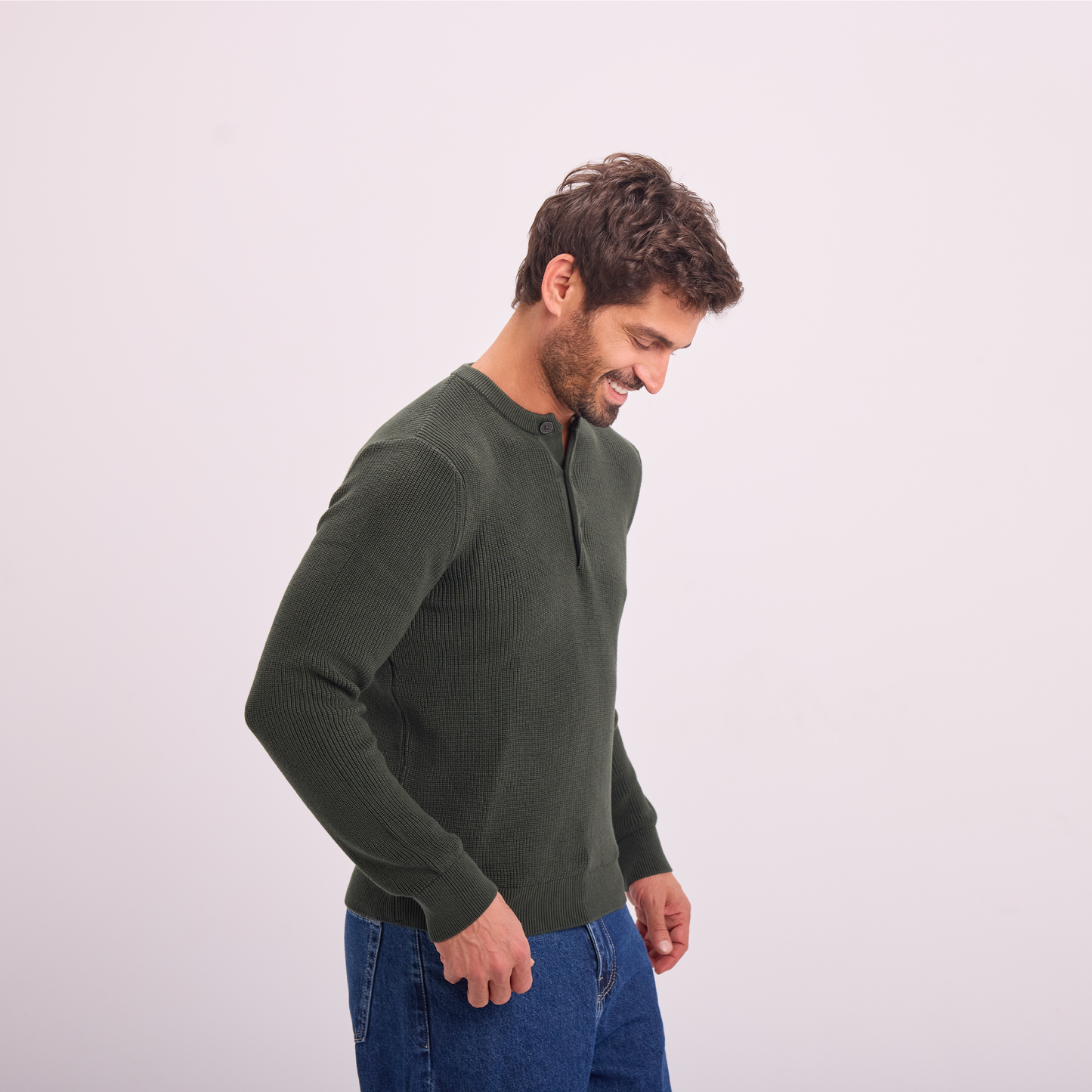 Olive Knit Button-Neck Pullover