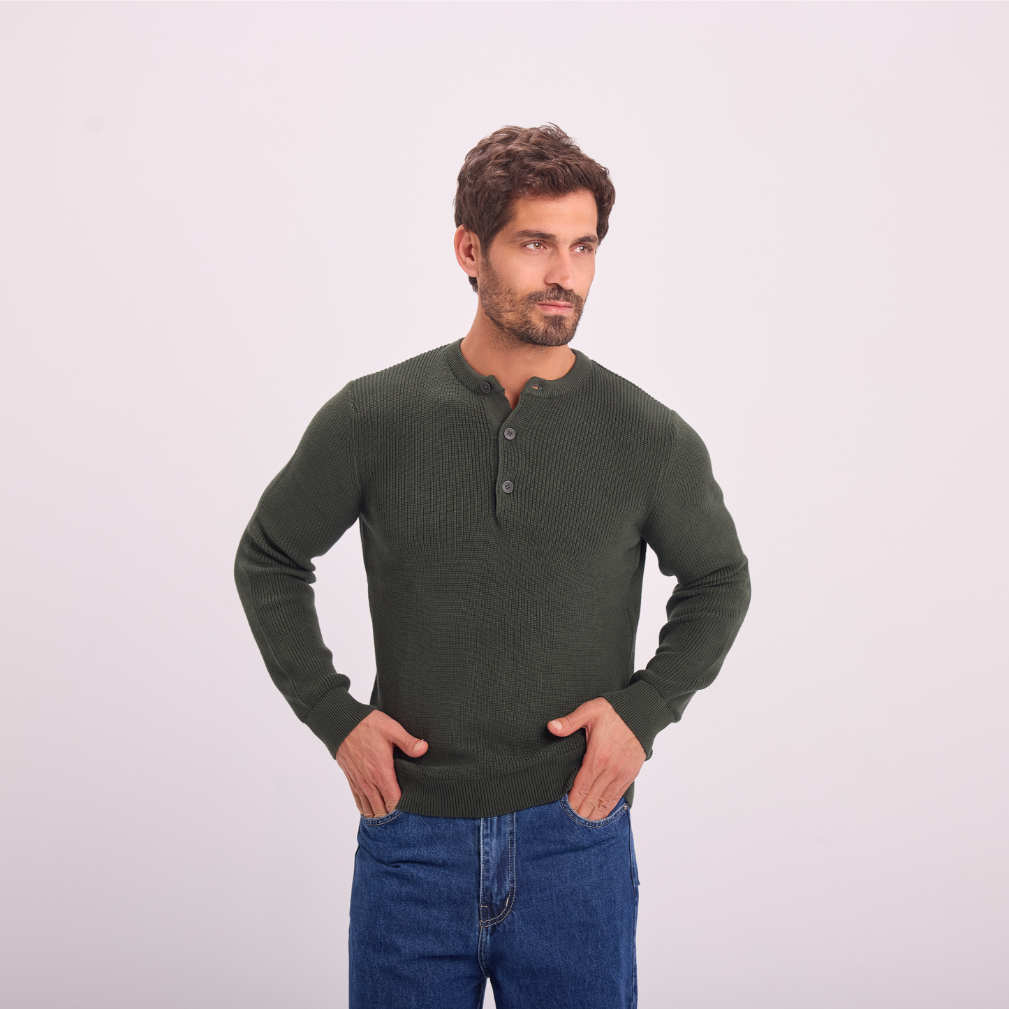 Olive Knit Button-Neck Pullover