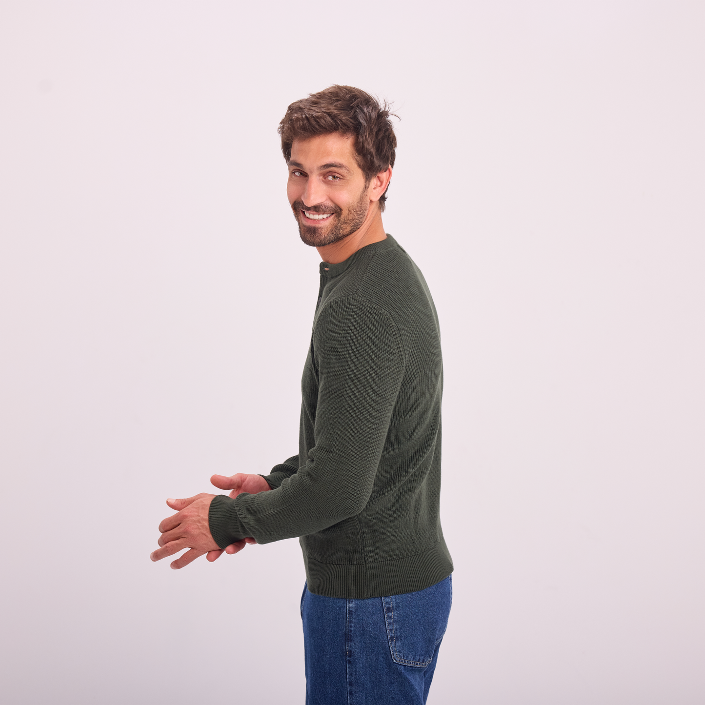 Olive Knit Button-Neck Pullover