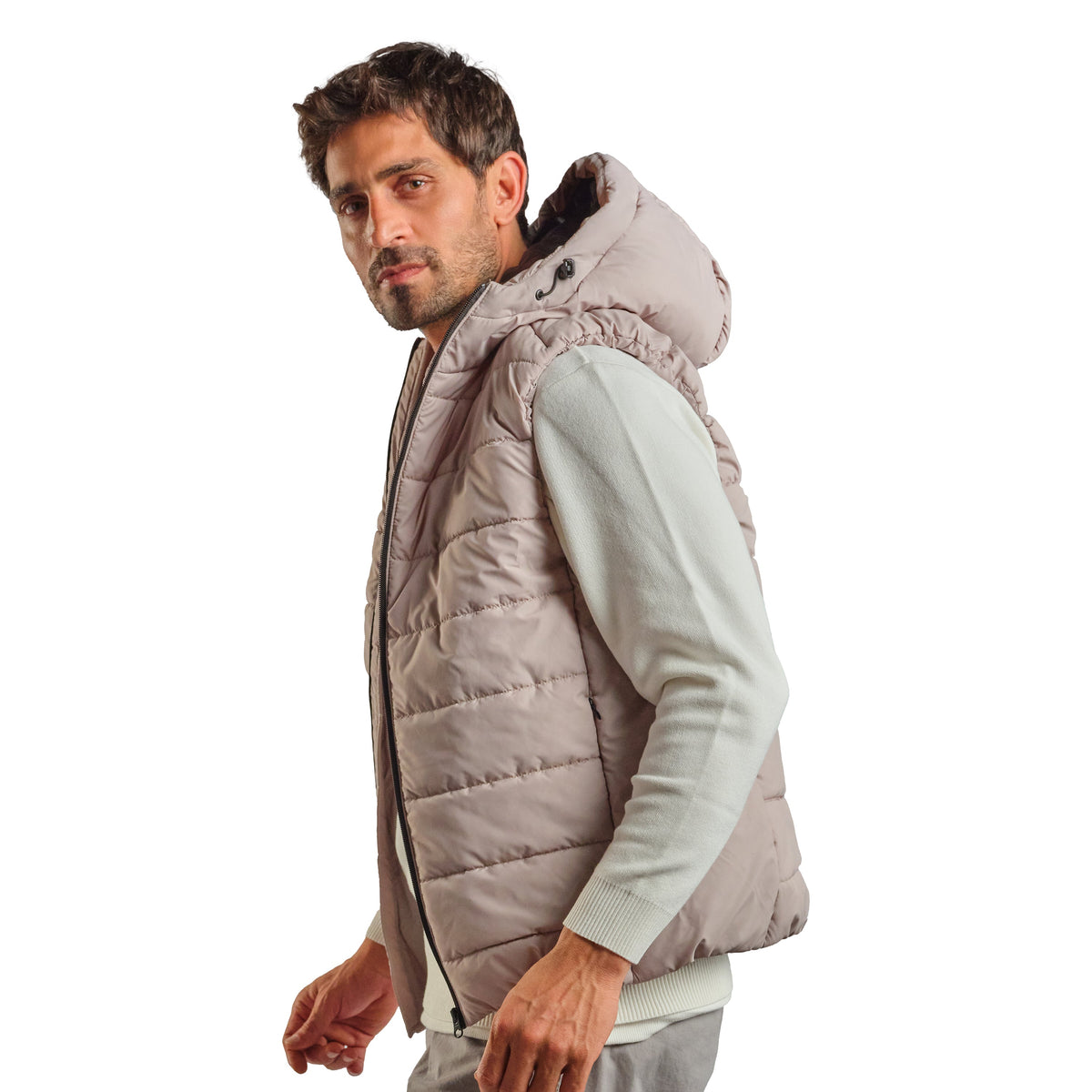 Puffer Hooded Vest in Light Gray, SVNTY, view 3 of 4