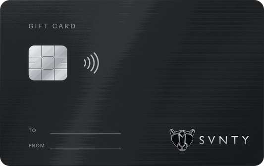 The SVNTY gift card: a black metal card with a palladium chip and the SVNTY lion