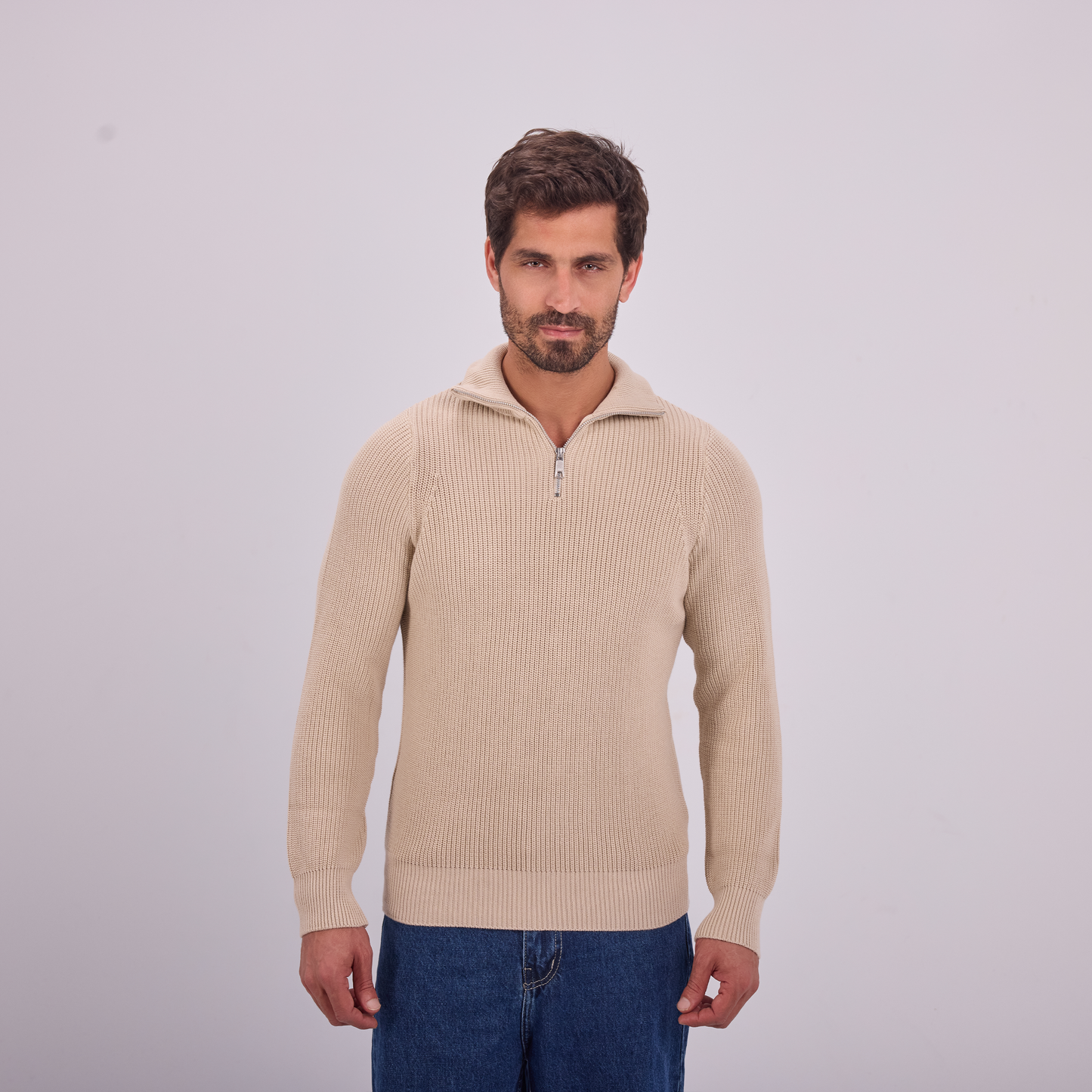 Beige Knit Quarter-Zip Pullover