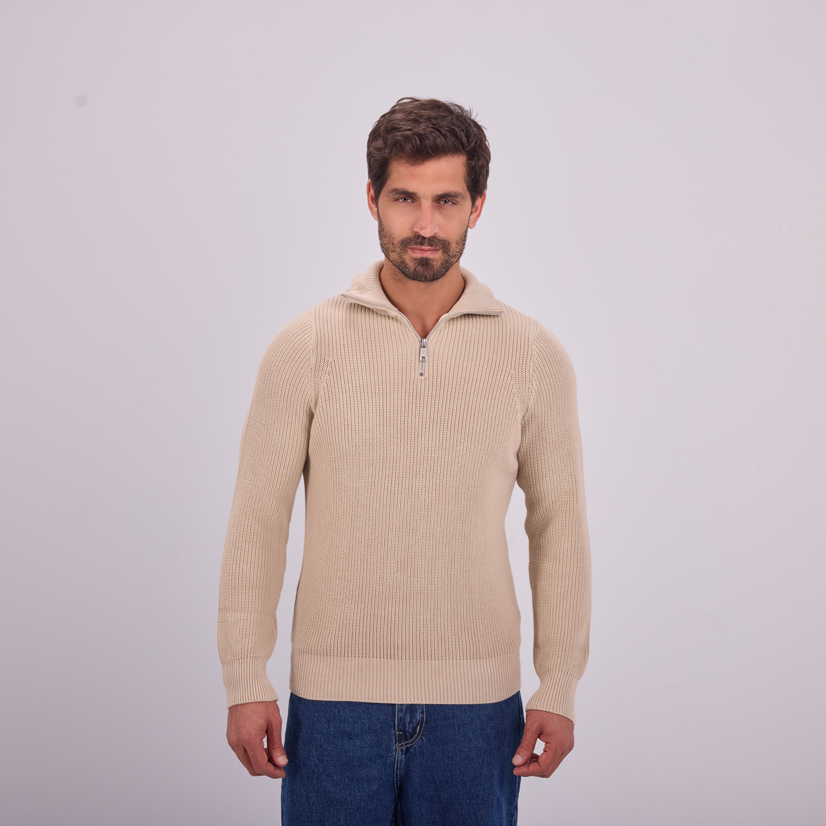 Knit Quarter-Zip Pullover in Beige, SVNTY, view 1 of 5