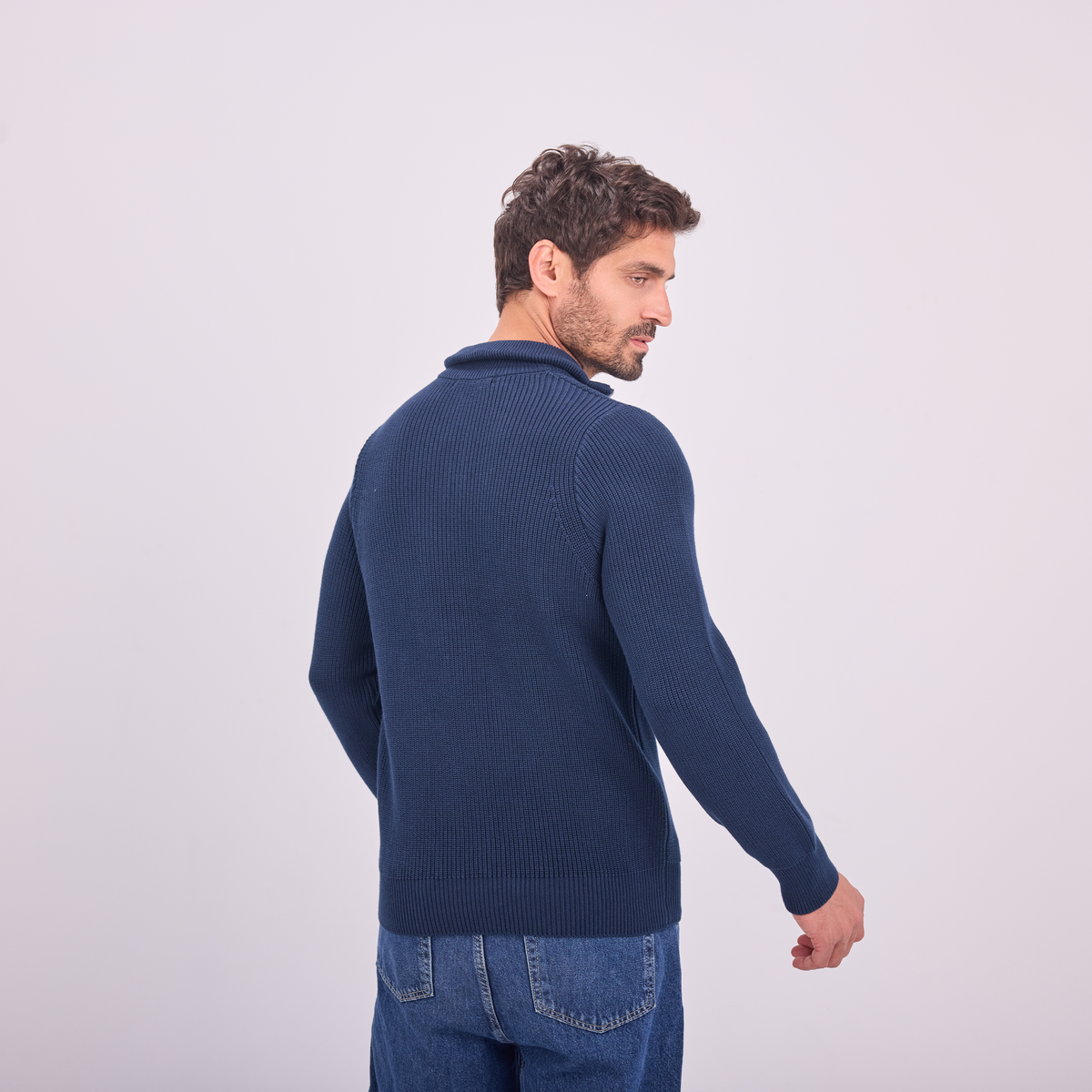 Knit Quarter-Zip Pullover in Navy, SVNTY, view 2 of 5