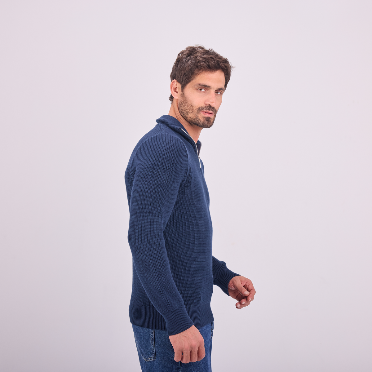 Knit Quarter-Zip Pullover in Navy, SVNTY, view 3 of 5