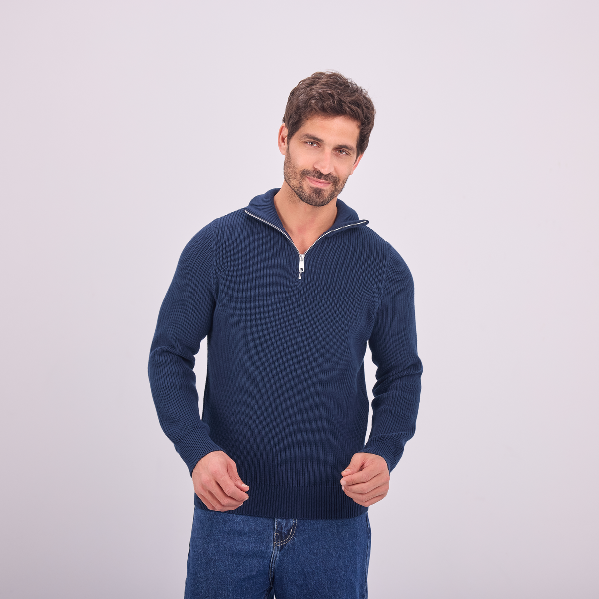 Knit Quarter-Zip Pullover in Navy, SVNTY, view 1 of 5