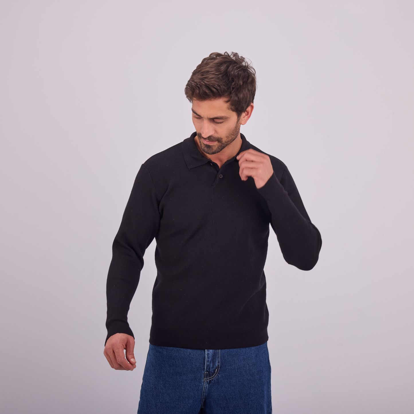 Black Knit Long-Sleeve Polo