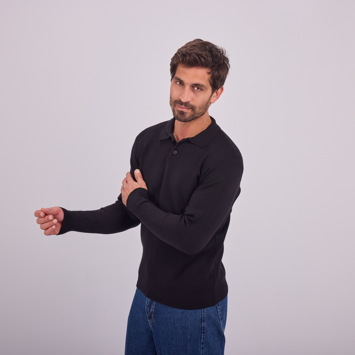 Black Knit Long-Sleeve Polo