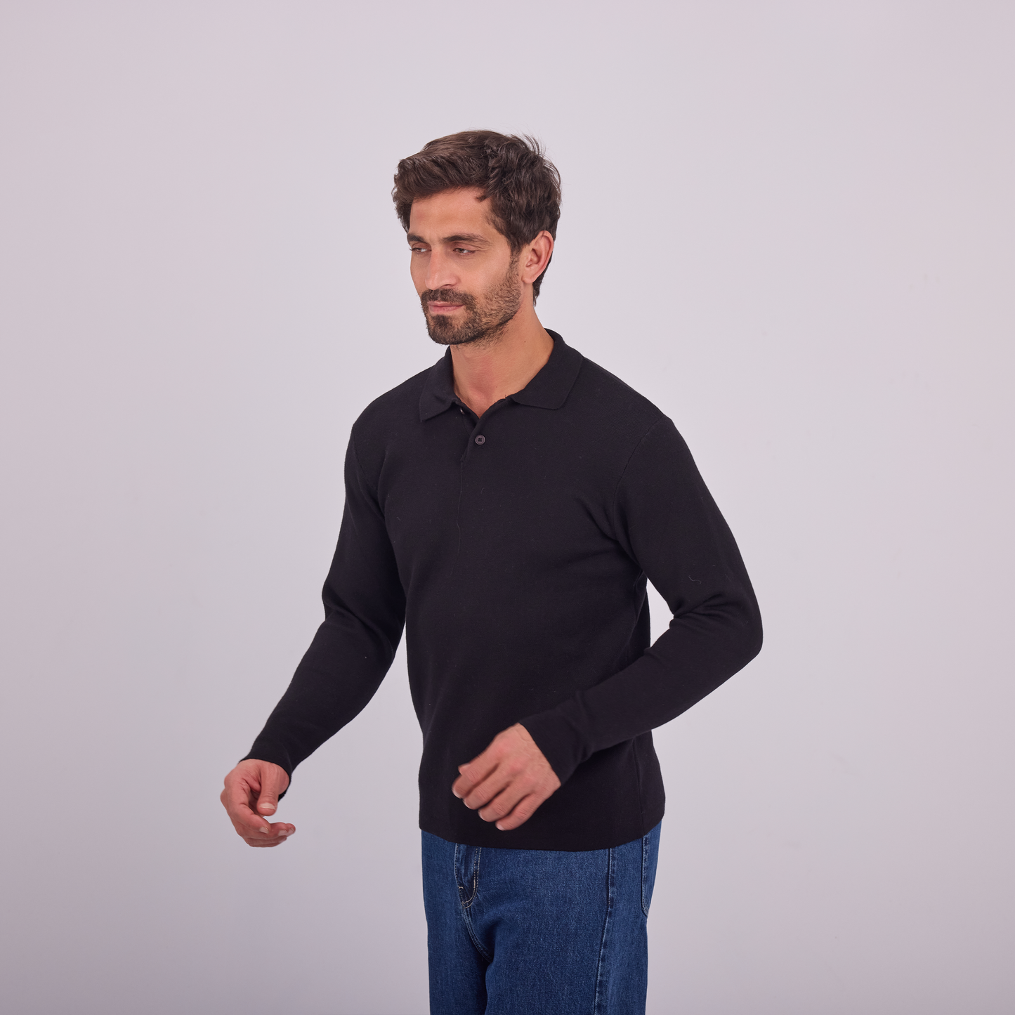 Black Knit Long-Sleeve Polo