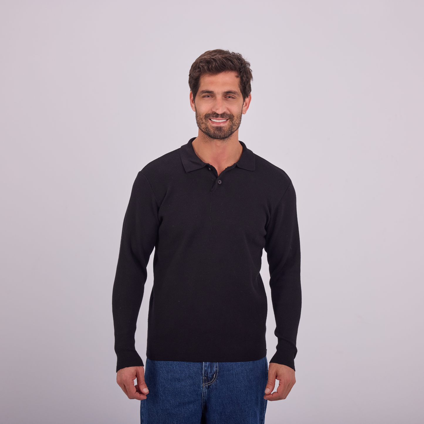 Black Knit Long-Sleeve Polo