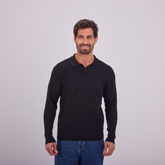 Black Knit Long-Sleeve Polo