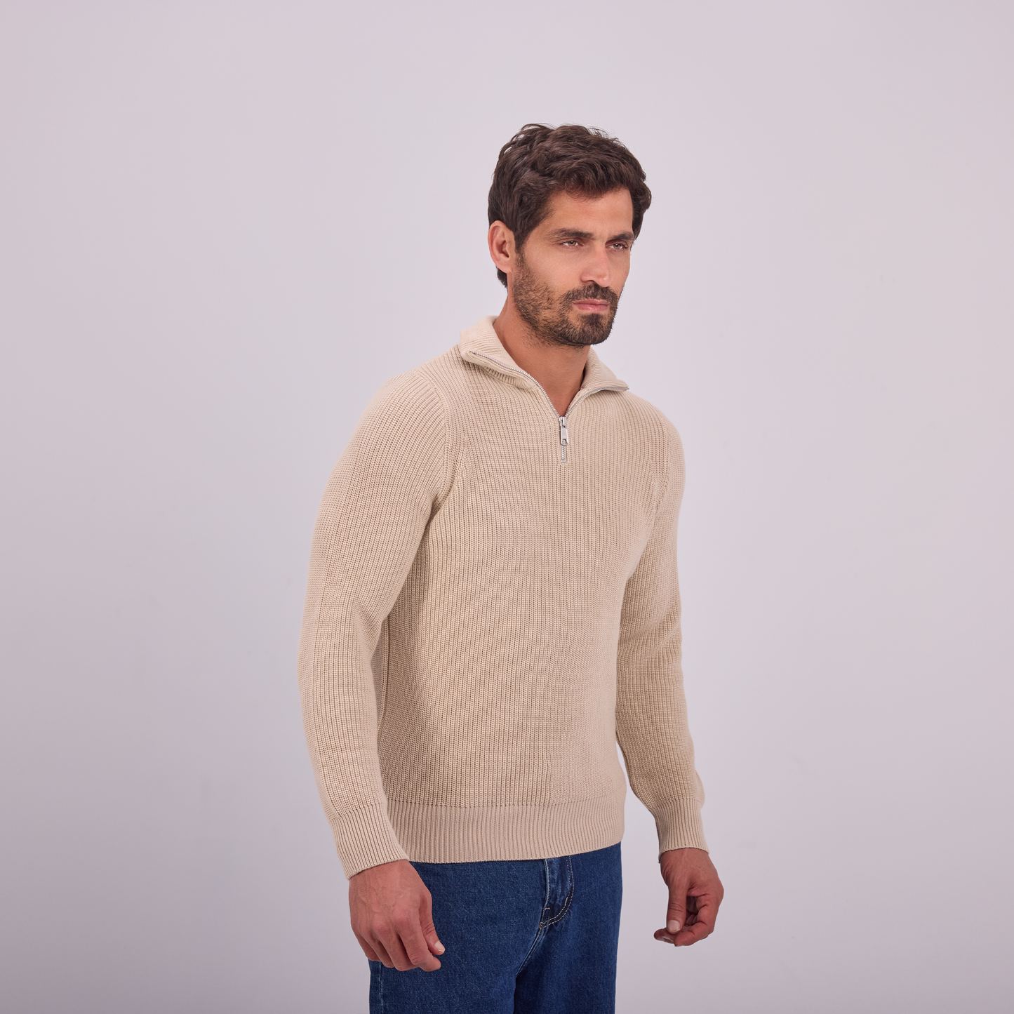 Beige Knit Quarter-Zip Pullover