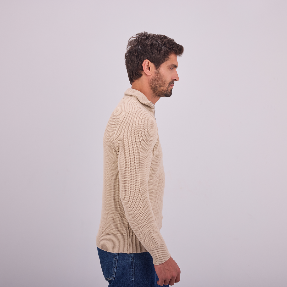 Knit Quarter-Zip Pullover in Beige, SVNTY, view 3 of 5
