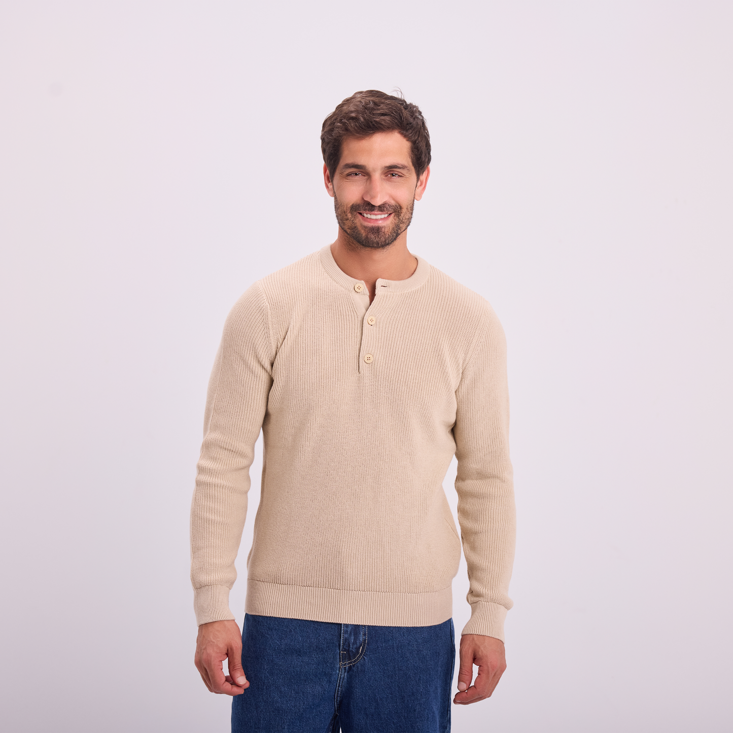 Beige Knit Button-Neck Pullover