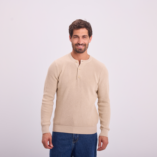 Knit Button-Neck Pullover in Beige, SVNTY, view 1 of 5