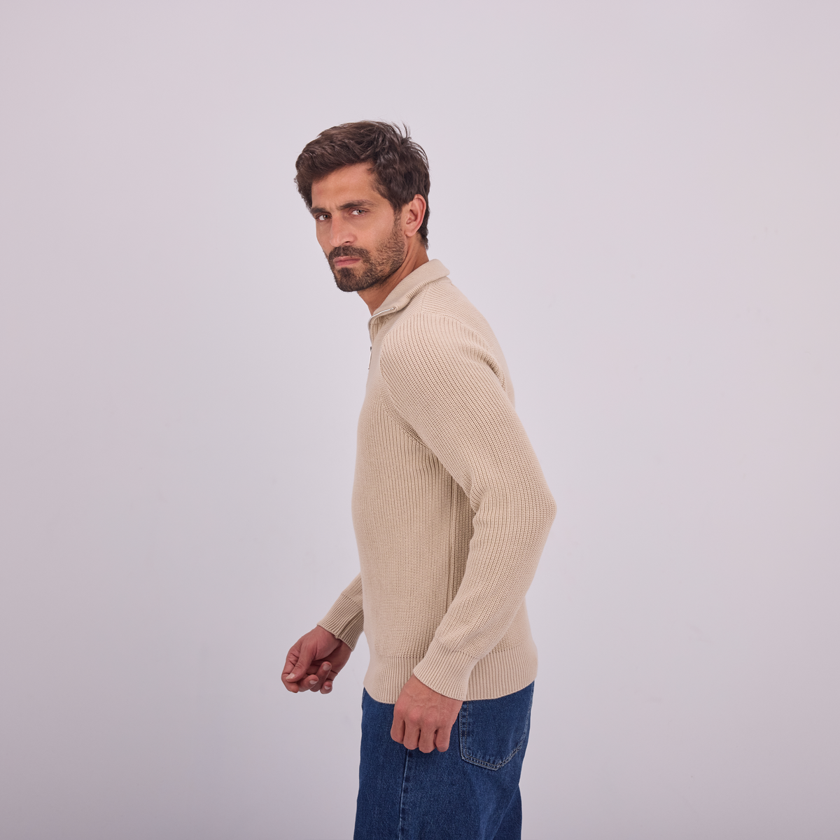 Knit Quarter-Zip Pullover in Beige, SVNTY, view 4 of 5