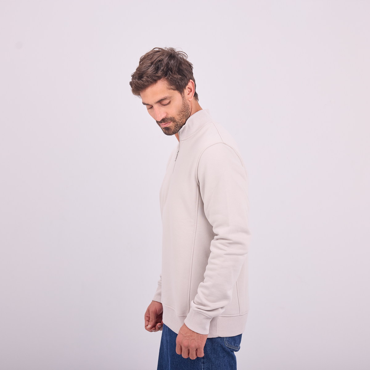 Quarter-Zip High Collar Sweatshirt in Light Gray, SVNTY, view 2 of 3