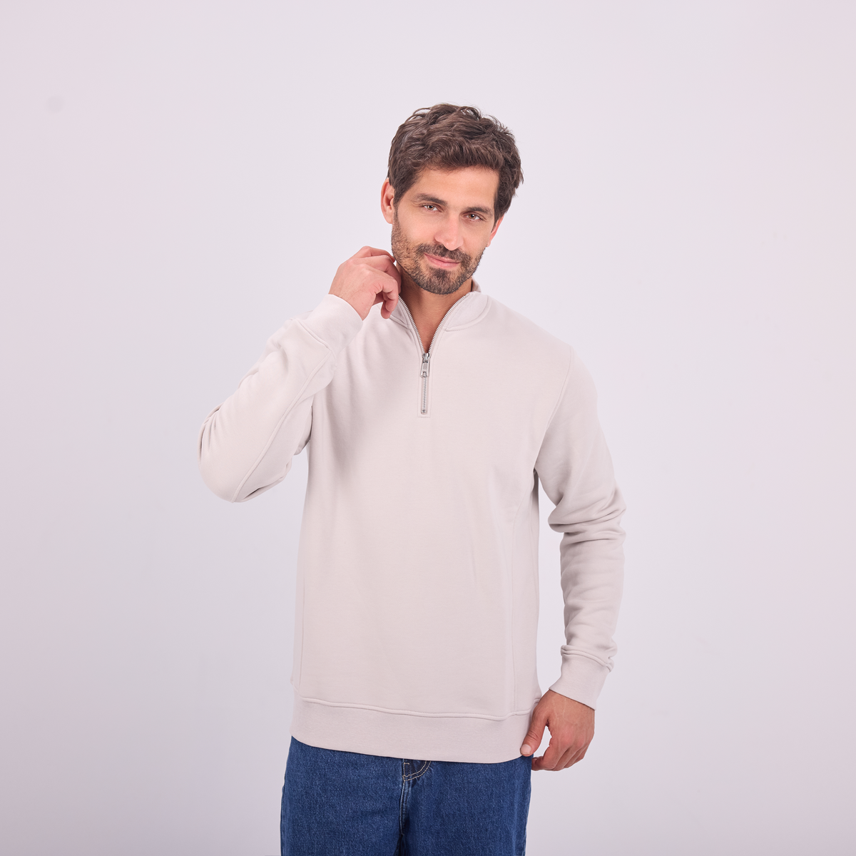 Quarter-Zip High Collar Sweatshirt in Light Gray, SVNTY, view 3 of 3