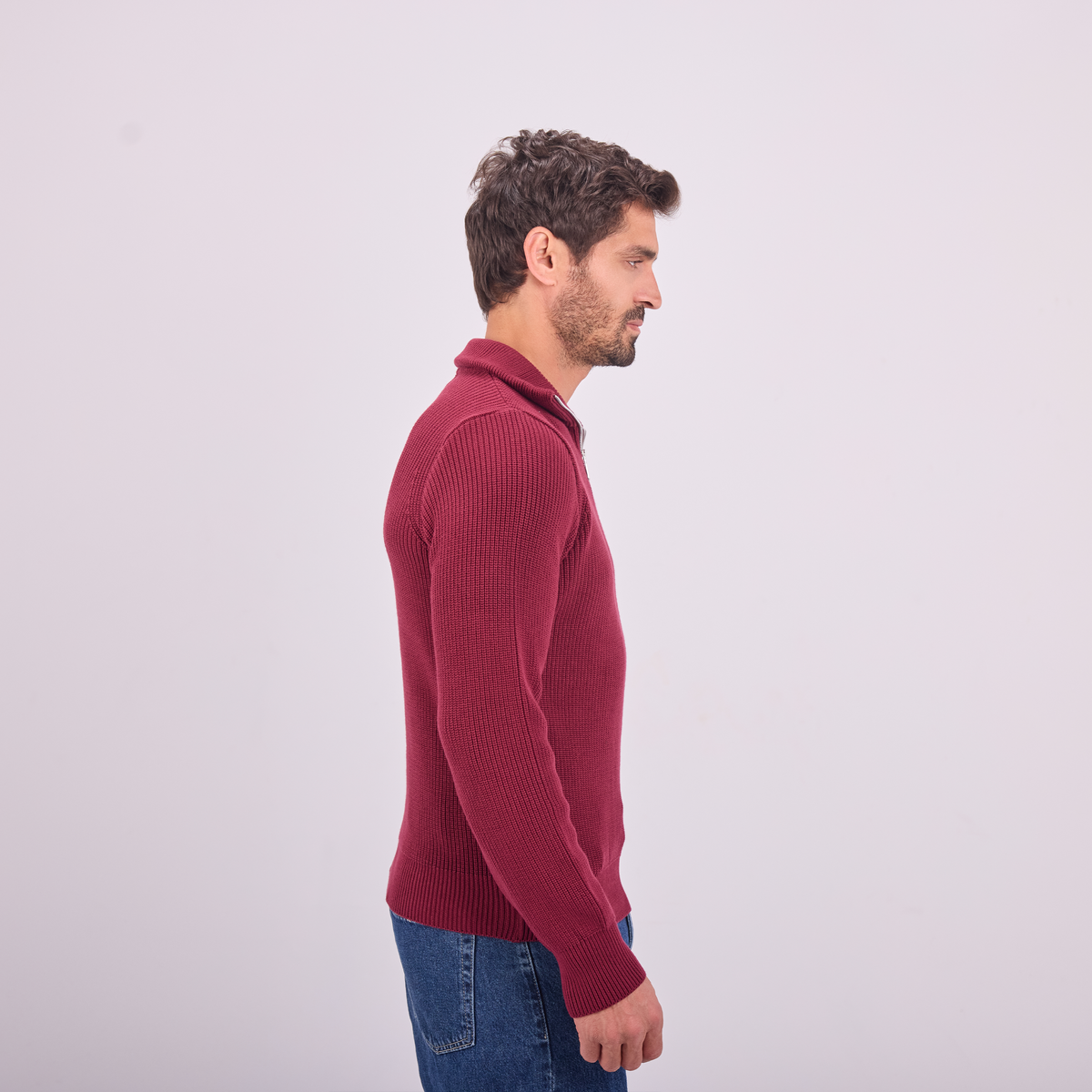 Knit Quarter-Zip Pullover in Burgundy, SVNTY, view 2 of 4