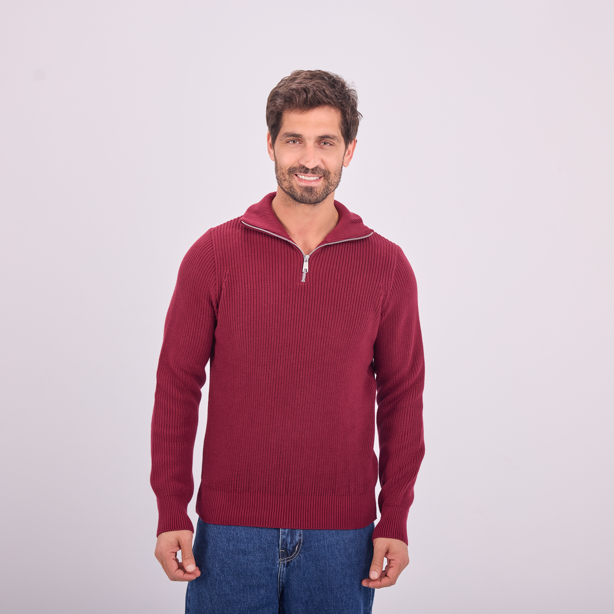 Knit Quarter-Zip Pullover in Burgundy, SVNTY, view 1 of 4