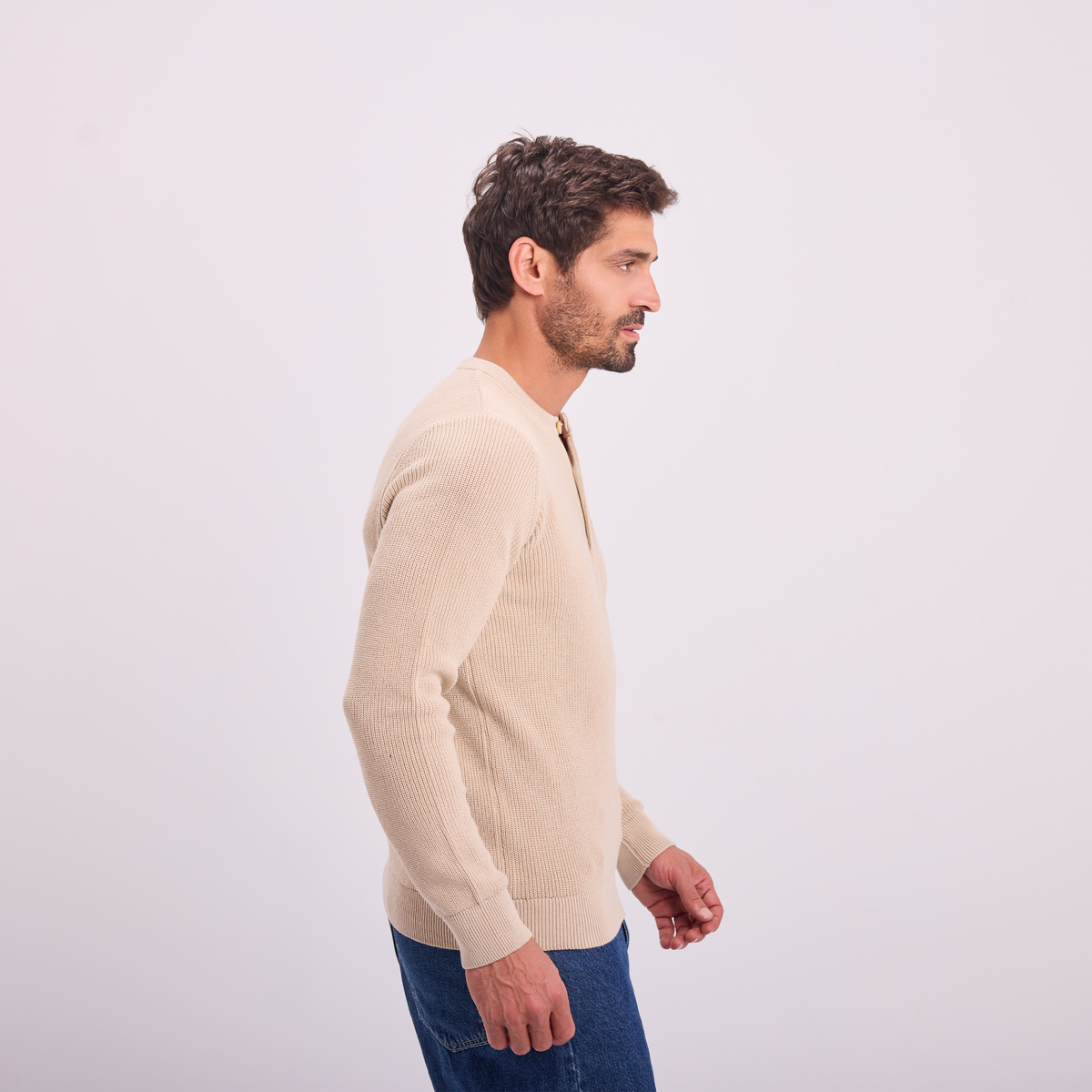 Knit Button-Neck Pullover in Beige, SVNTY, view 2 of 5