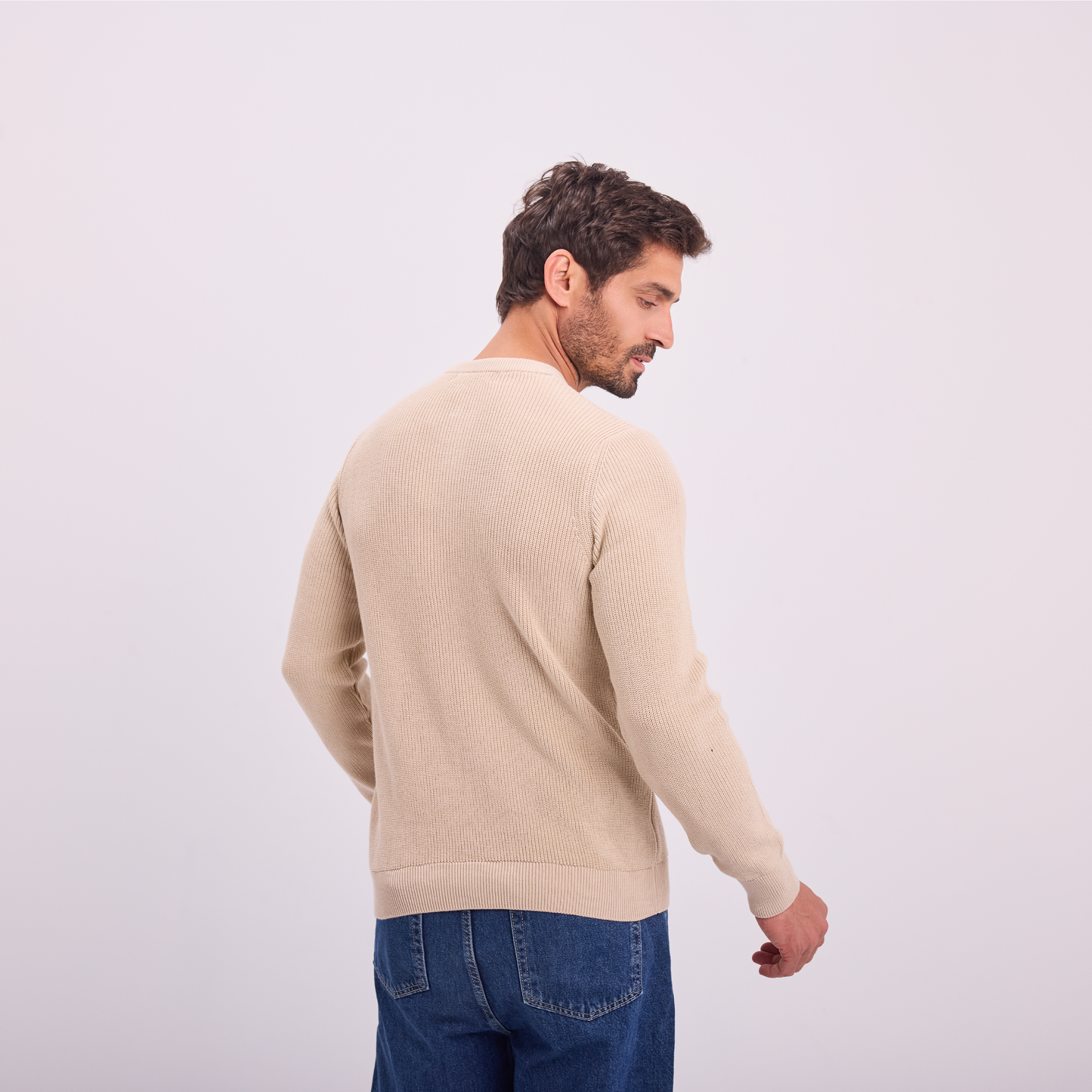 Beige Knit Button-Neck Pullover