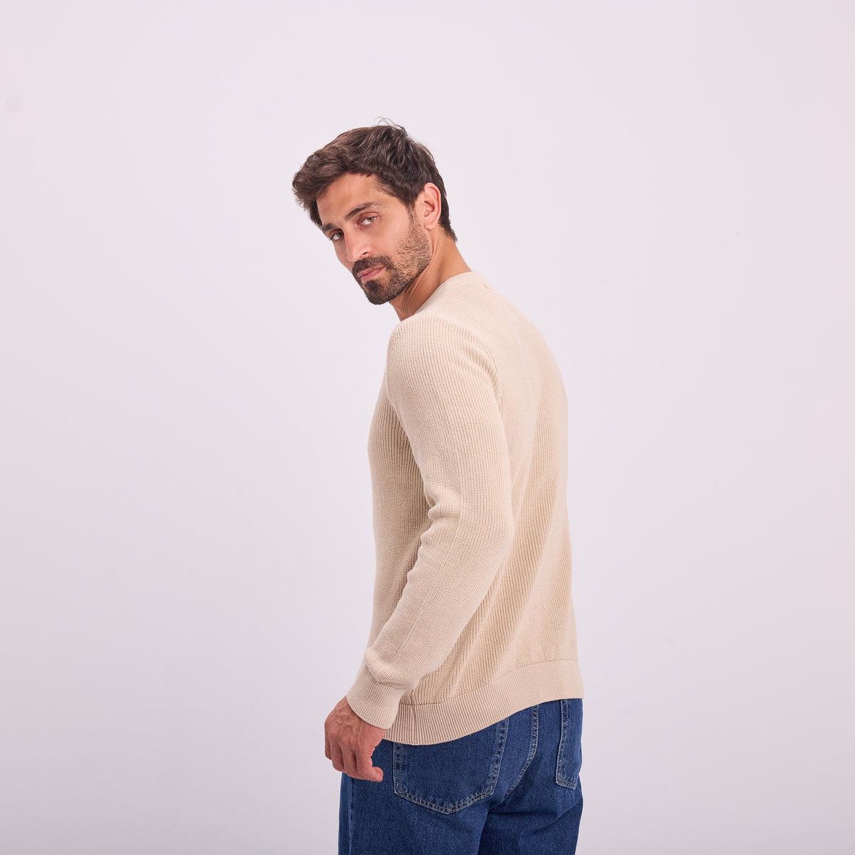 Knit Button-Neck Pullover in Beige, SVNTY, view 4 of 5