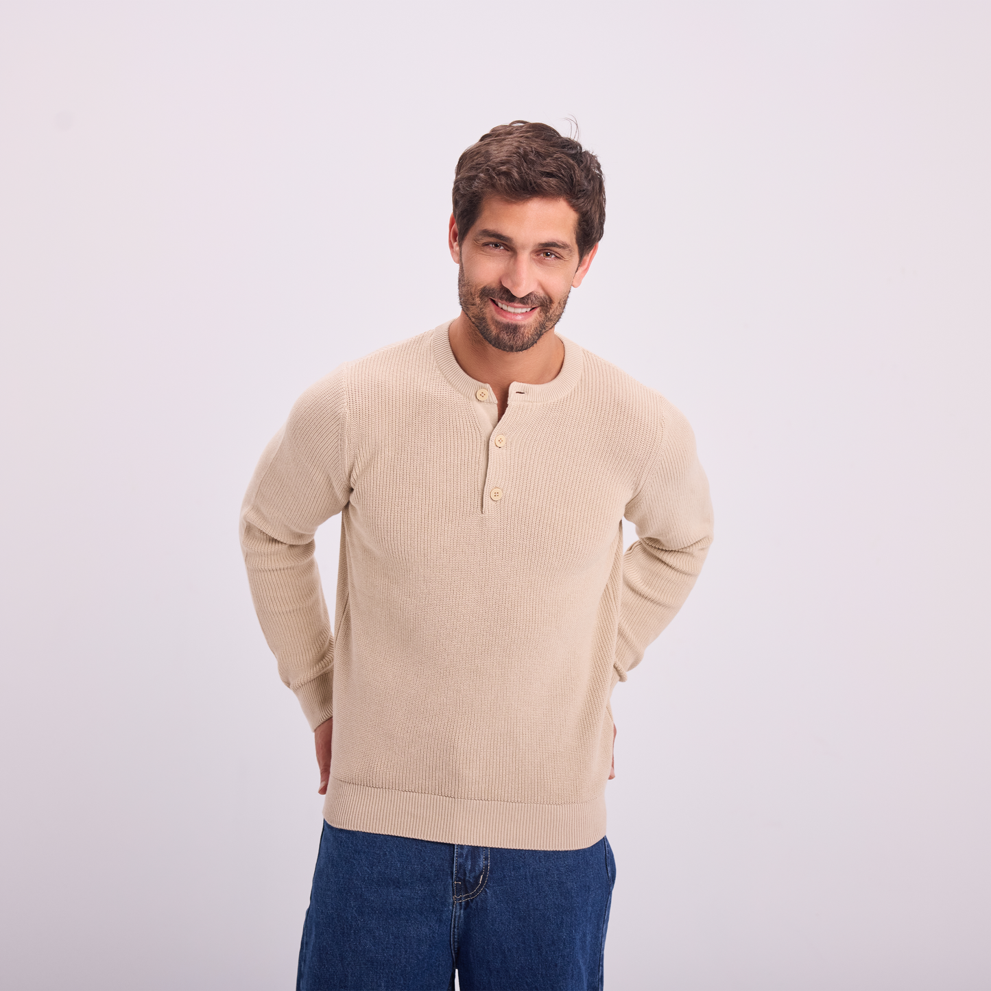 Beige Knit Button-Neck Pullover